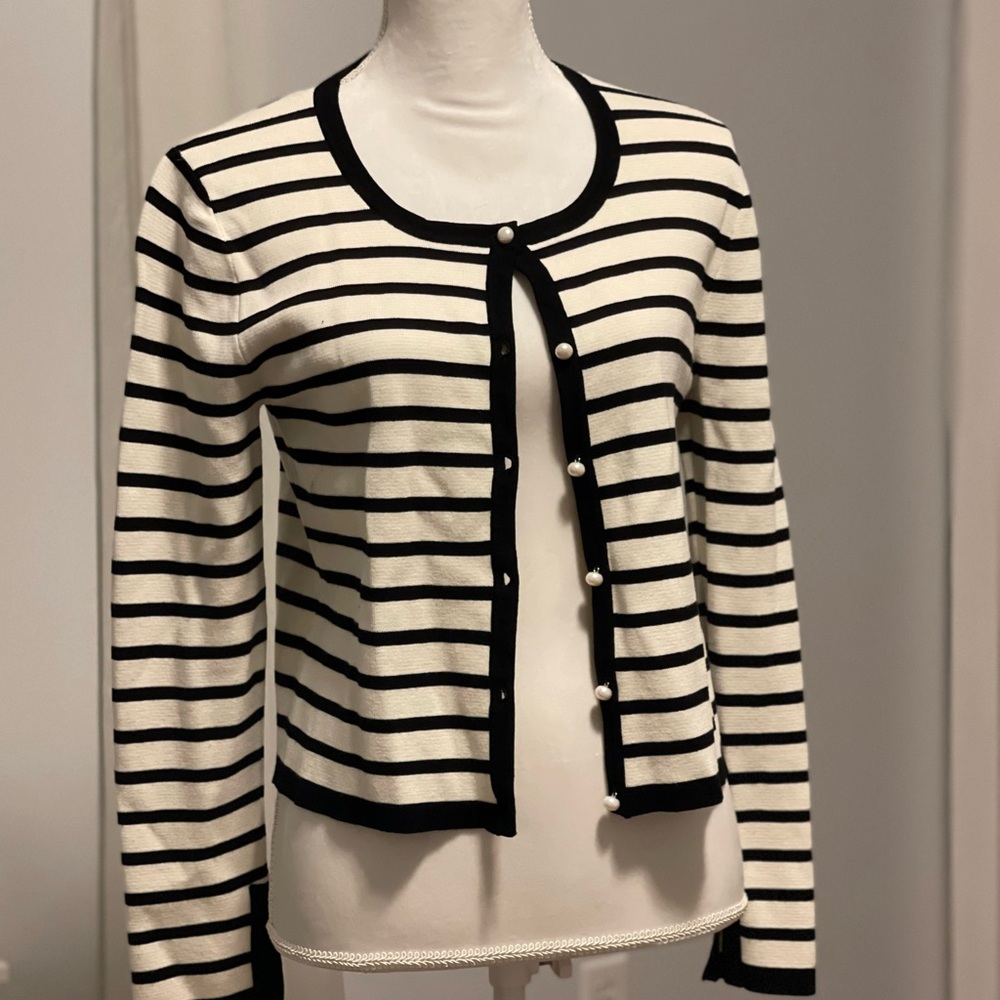 Zara black and white striped cardigan with pearl buttons. Size Large.